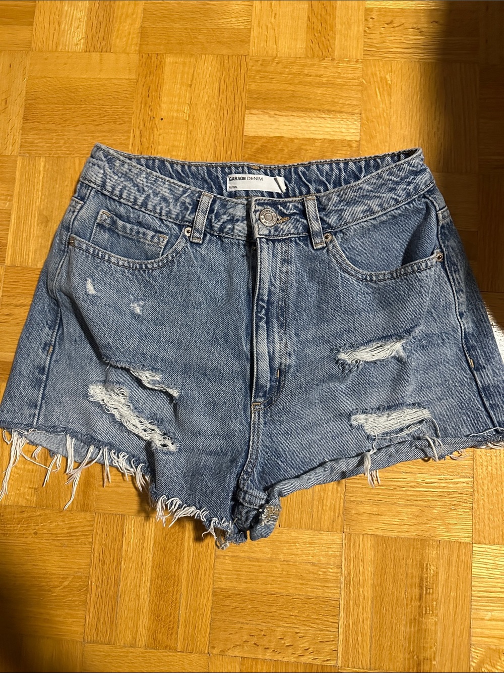 Garage Distressed High-Waist Denim Shorts - Blue